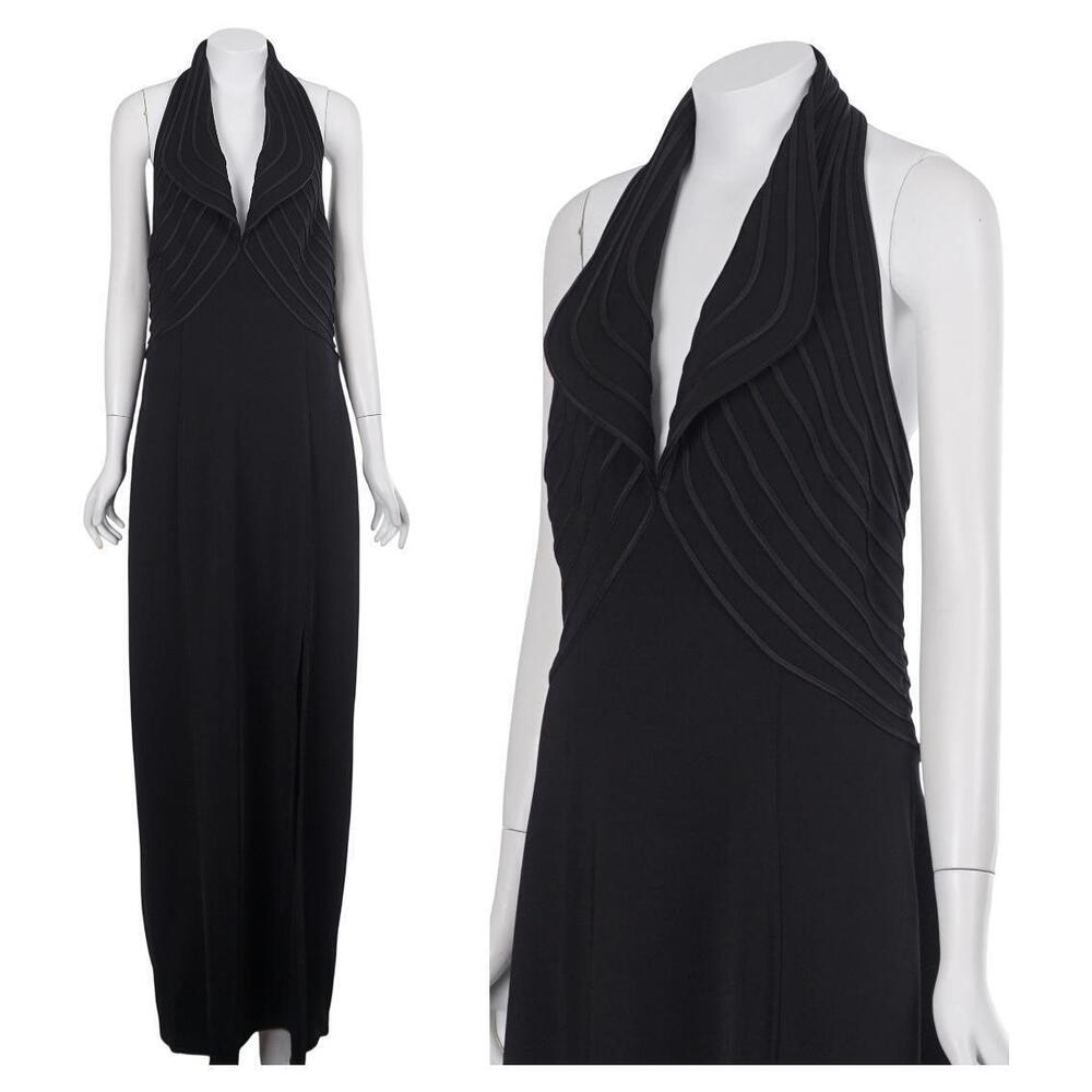 Tadashi Shoji Vintage Dress L/XL Black Halter Front Slit Maxi Evening Formal